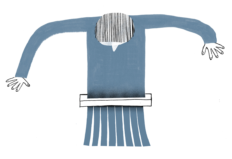 Illustration of a person wearing a jumper which is being shredded into scrap material, representing the short life cycle of textiles and huge wastage