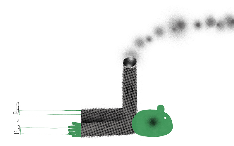 Illustration of a person wearing a sweater with one arm raised as a factory chimney bellowing out smoke